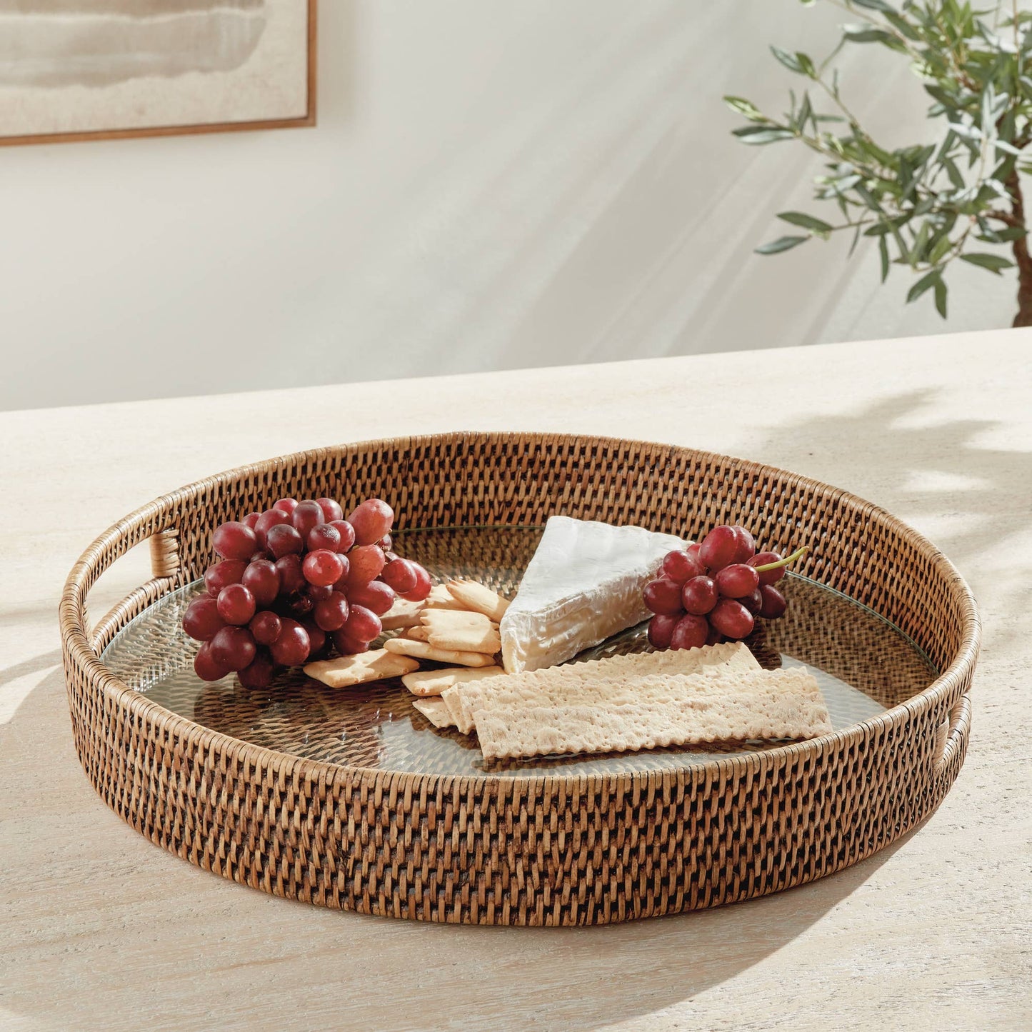 Burma Rattan Round Serving Tray Large, Brown Serveware Napa Home & Garden